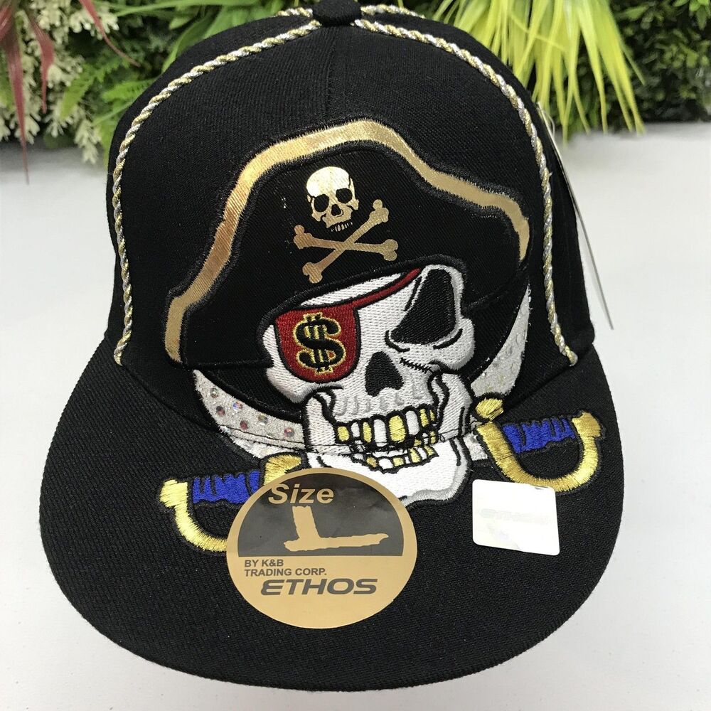 Ethos Hat Cap Fitted Mens L Black Pirate Skull Dollar Sign Embroidered Baseball